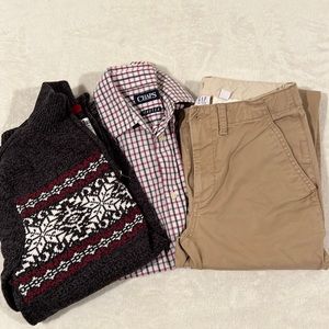 Boys pants, button down shirt and sweater set